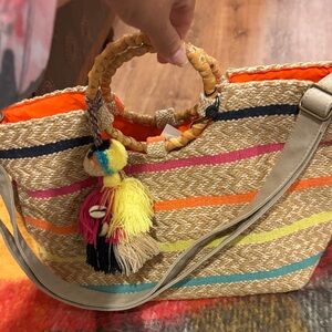 America and Beyond Bahama Breeze Striped Tote with Shell and Yarn Tassel